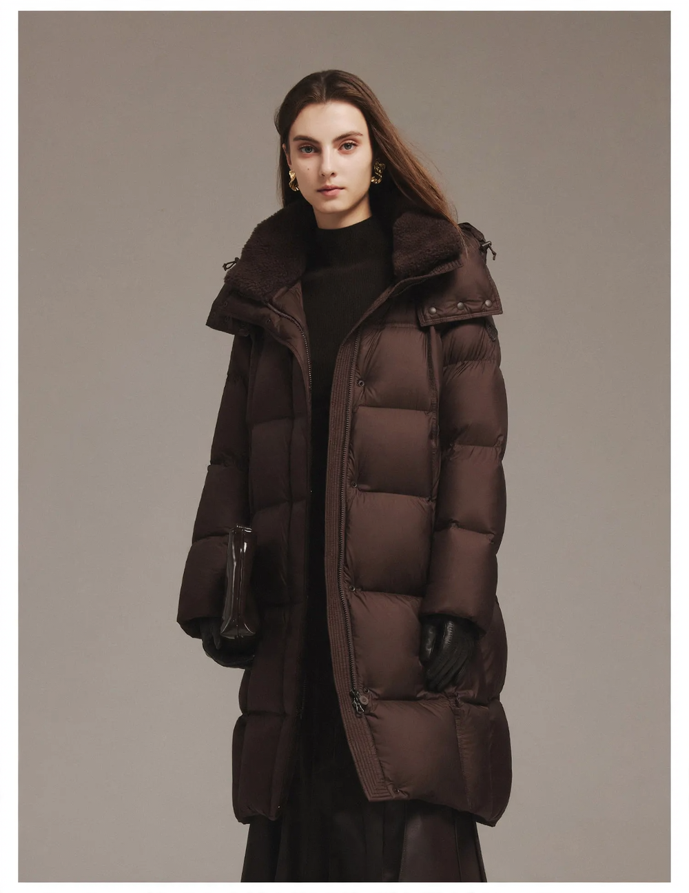 Women's down coat, mid-length, with lambskin collar