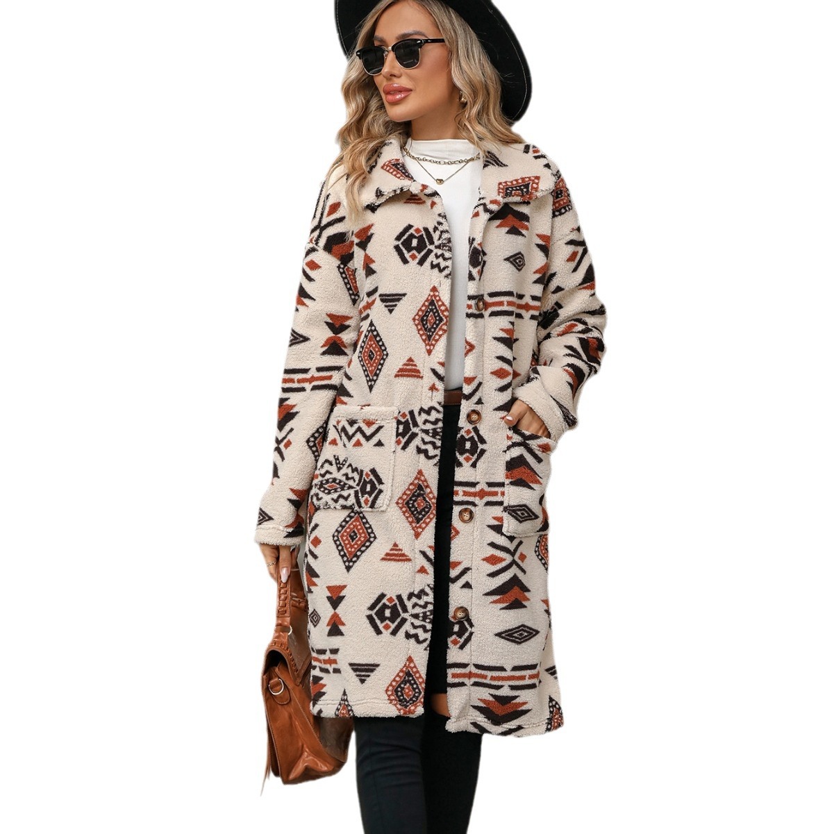 Damen-Mantel mit Ethno-Print, lang, geknöpft