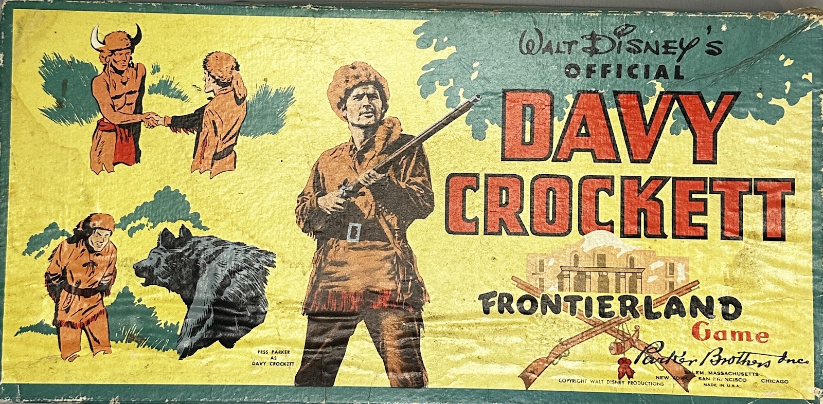 Walt Disney's Official Davy Crockett Frontierland Game by Parker Brothers, 1955, with Fess Parker imagery and crossed long rifles