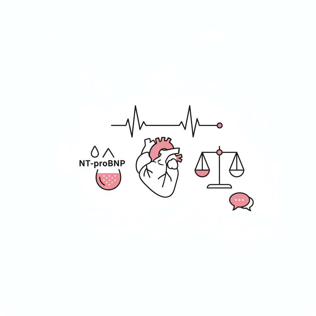 Minimalistische 2D-Vektor-Infografik mit Herz-, Waage-, Tropfen-, EKG- und Sprechblasen-Icons in NailX-Farben zur Illustration beginnende Herzschwäche