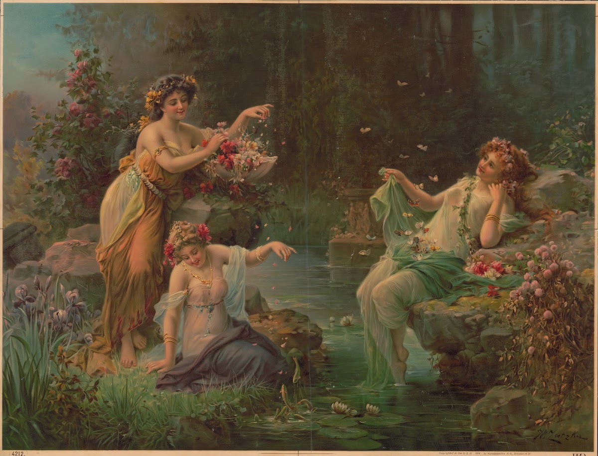 Three women in draped fabric with flowers and butterflies 1914