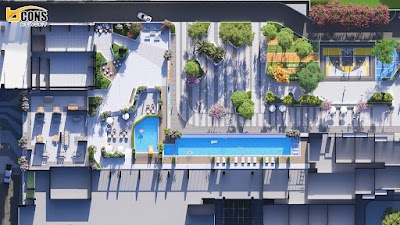 Mặt bằng tiện ích tầng 3 với hồ bơi và sân thể thao - Bcons NewSky