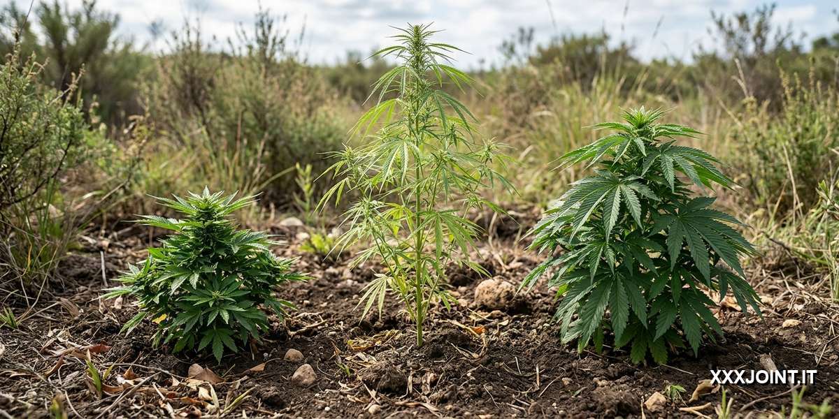 Confronto visivo tra piante di cannabis ruderalis, sativa e indica all’aperto