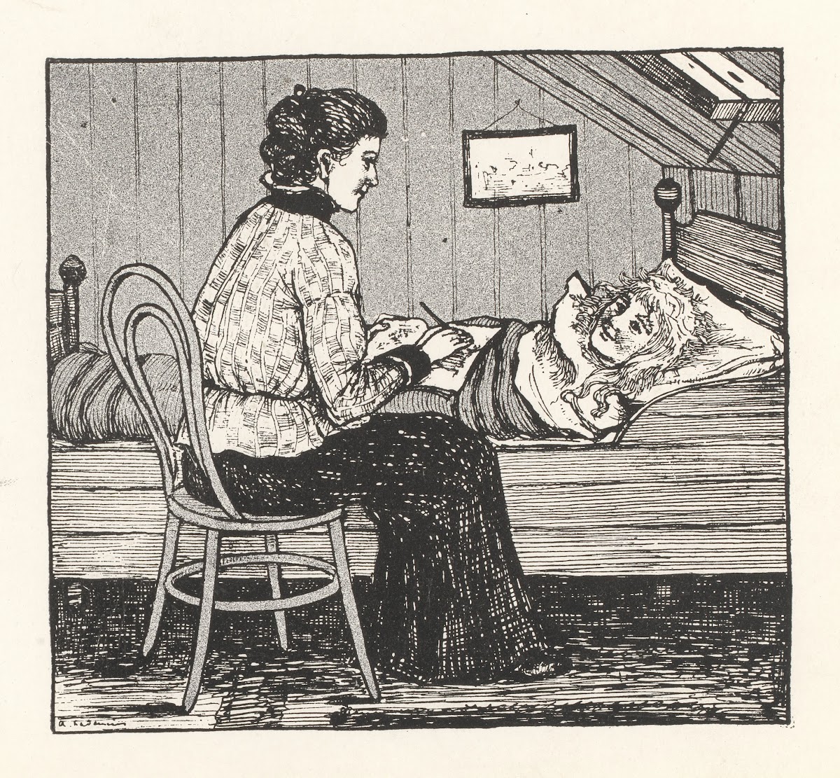 Schrijvende vrouw aan een bed