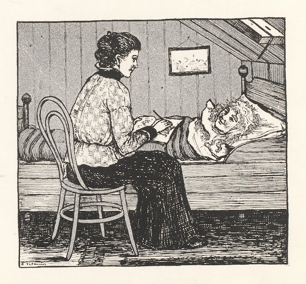 Schrijvende vrouw aan een bed