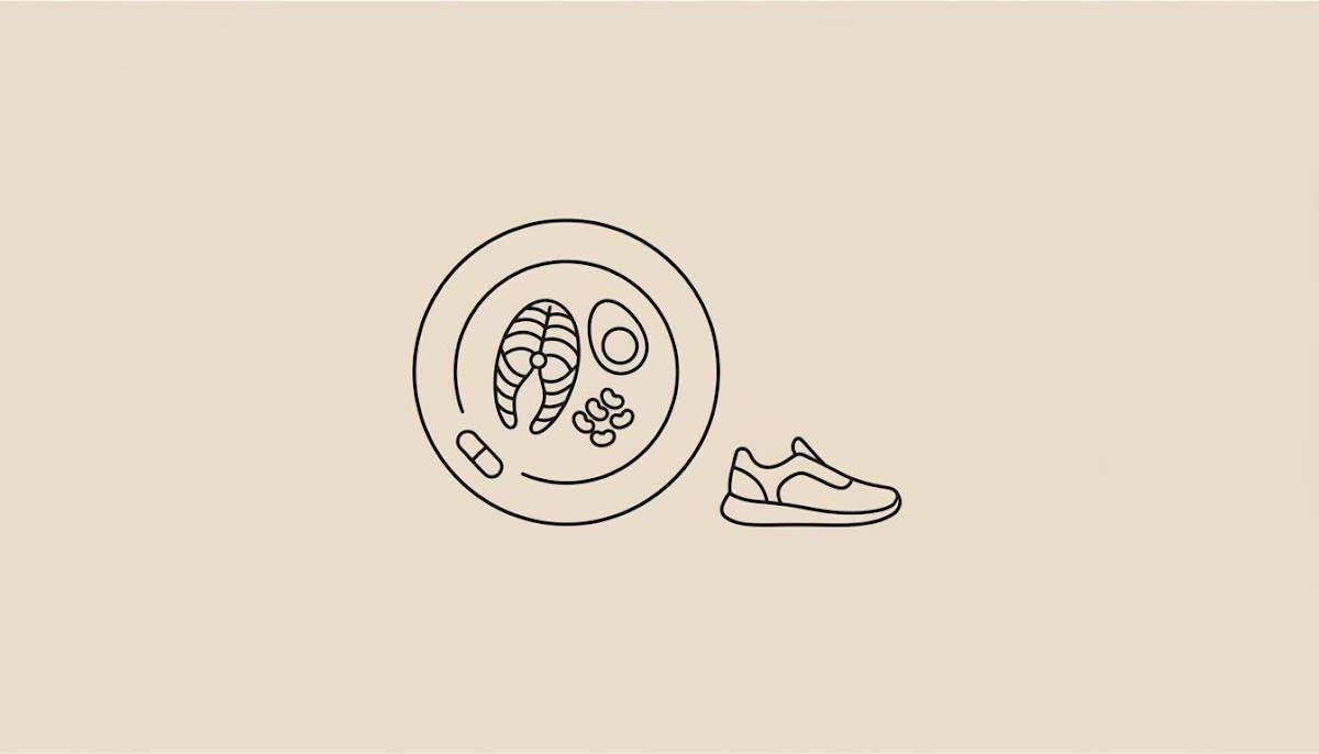 Minimalist line illustration of a plate with protein elements, a small capsule and a walking shoe on beige background, representing metabolism at 40.