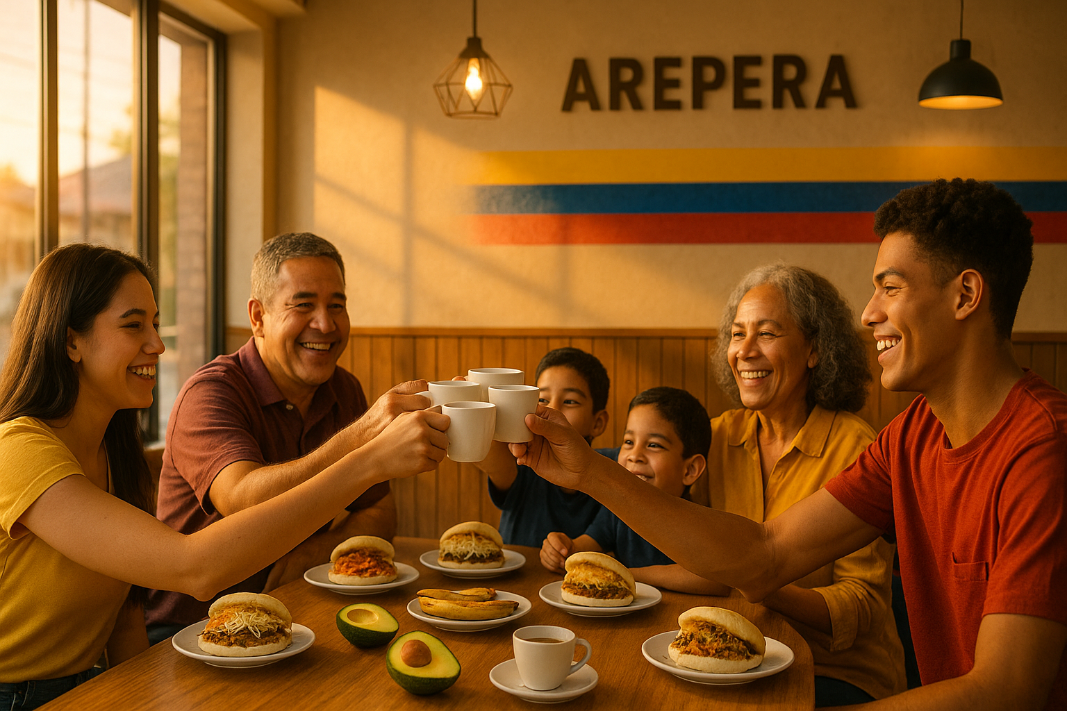 Venezolanos compartiendo arepas en una mesa larga, sonriendo y conversando