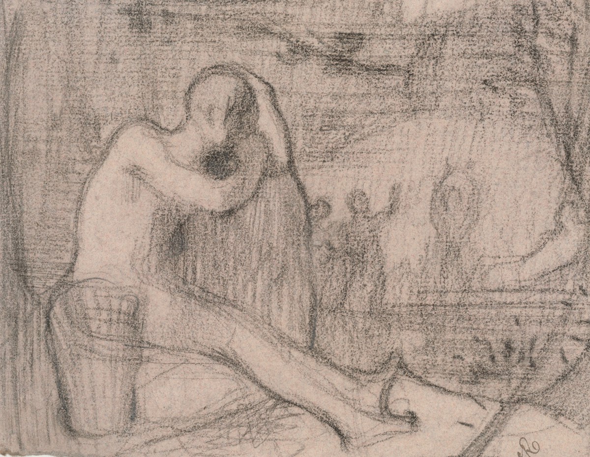 Personnage assis accoudé à un rocher