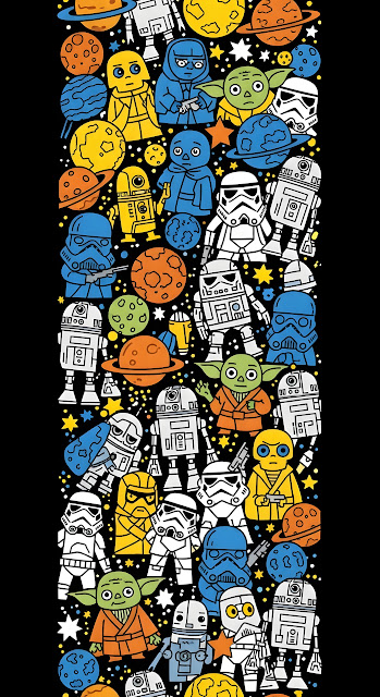 Vertical Seamless Pattern of Sci-Fi Movie Character Doodles and Planets on Black - Free mobile Wallpaper