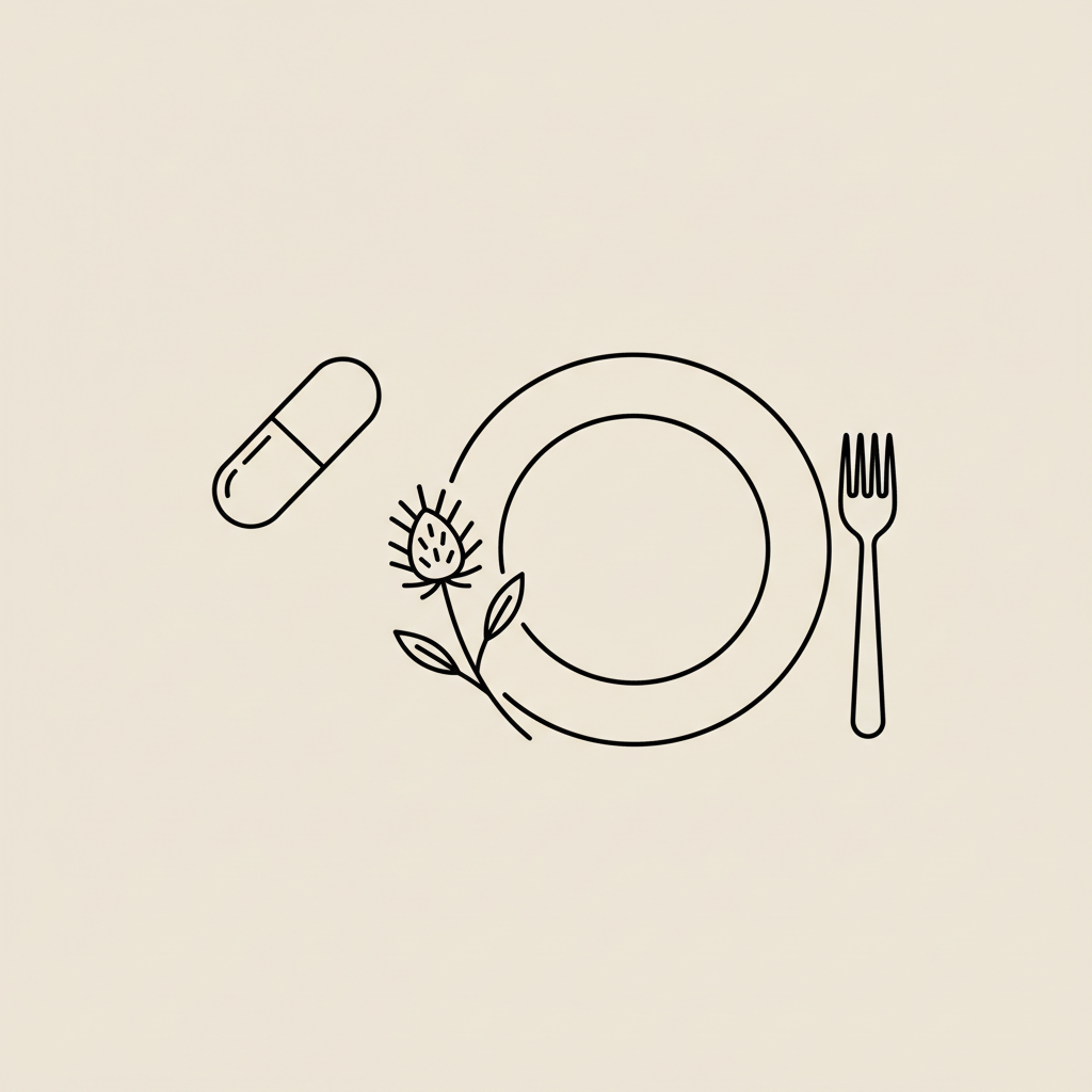 Minimal Tonum-style vector line illustration of a capsule, plate with fork, and milk thistle sprig on beige background — Culturelle Metabolism side effects