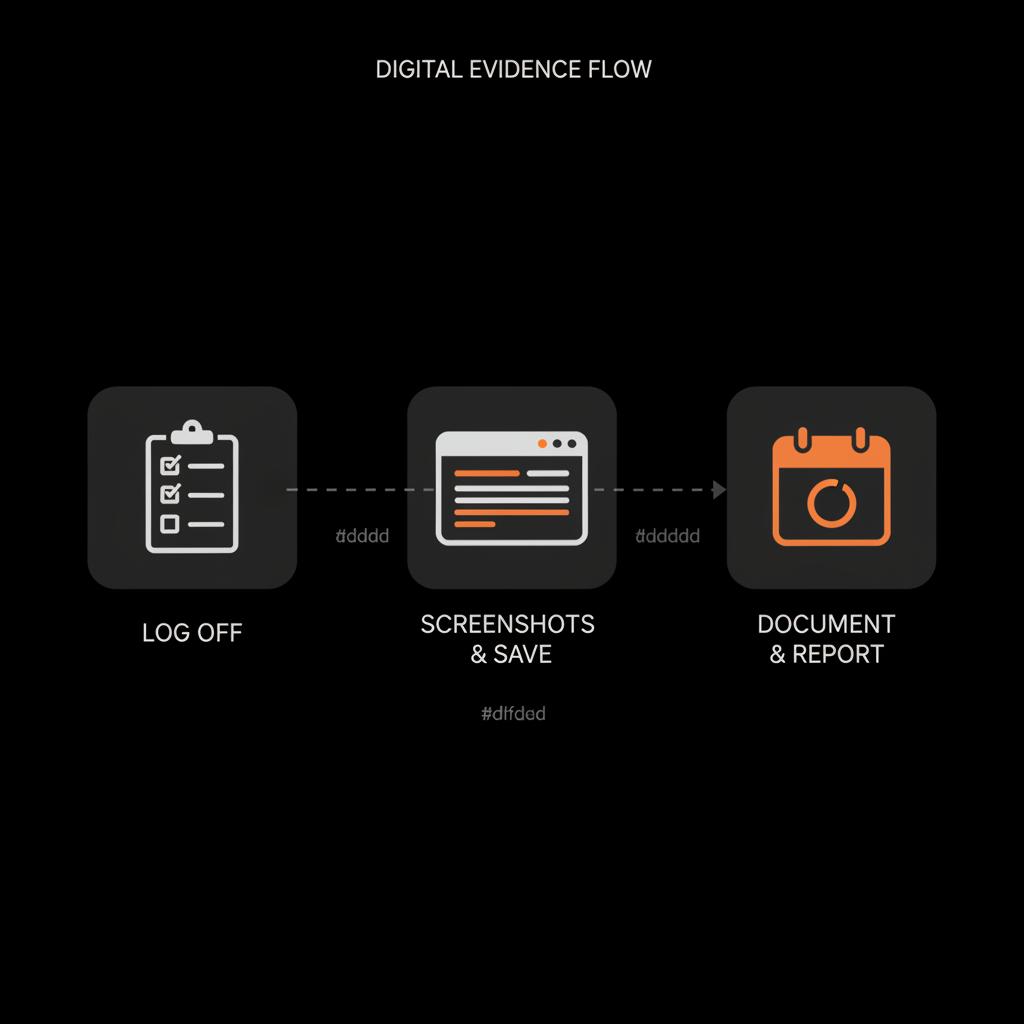 Minimal full-frame infographic showing three clear steps—checklist, screenshots, and a calendar—to sue Yelp for slander, on a black background with #dc5c2b accents and #edf1e9 text.