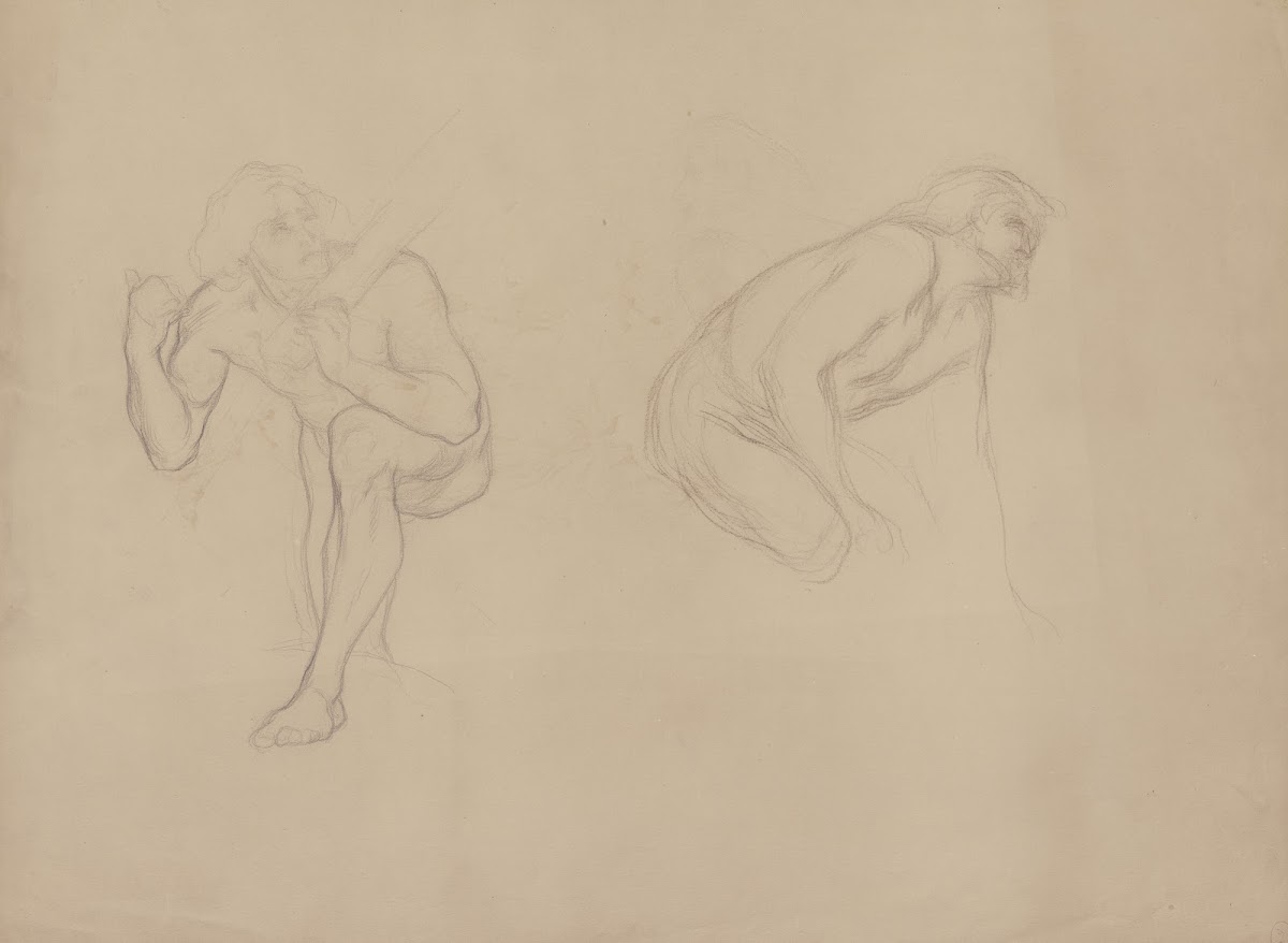 A male nude in a bent position with his left leg raised carrying an object on hi