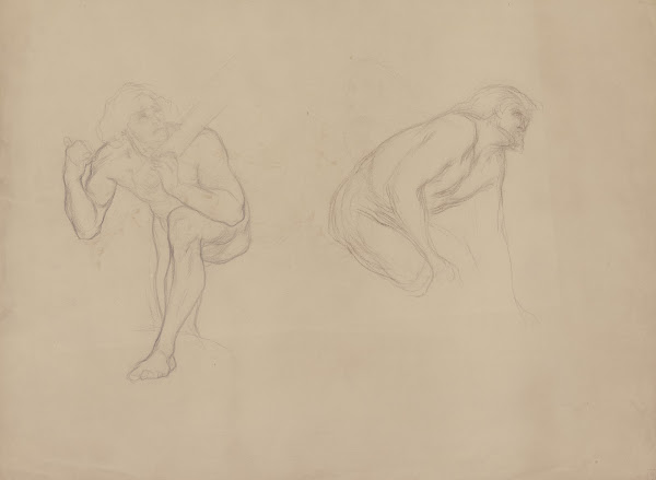 A male nude in a bent position with his left leg raised carrying an object on hi
