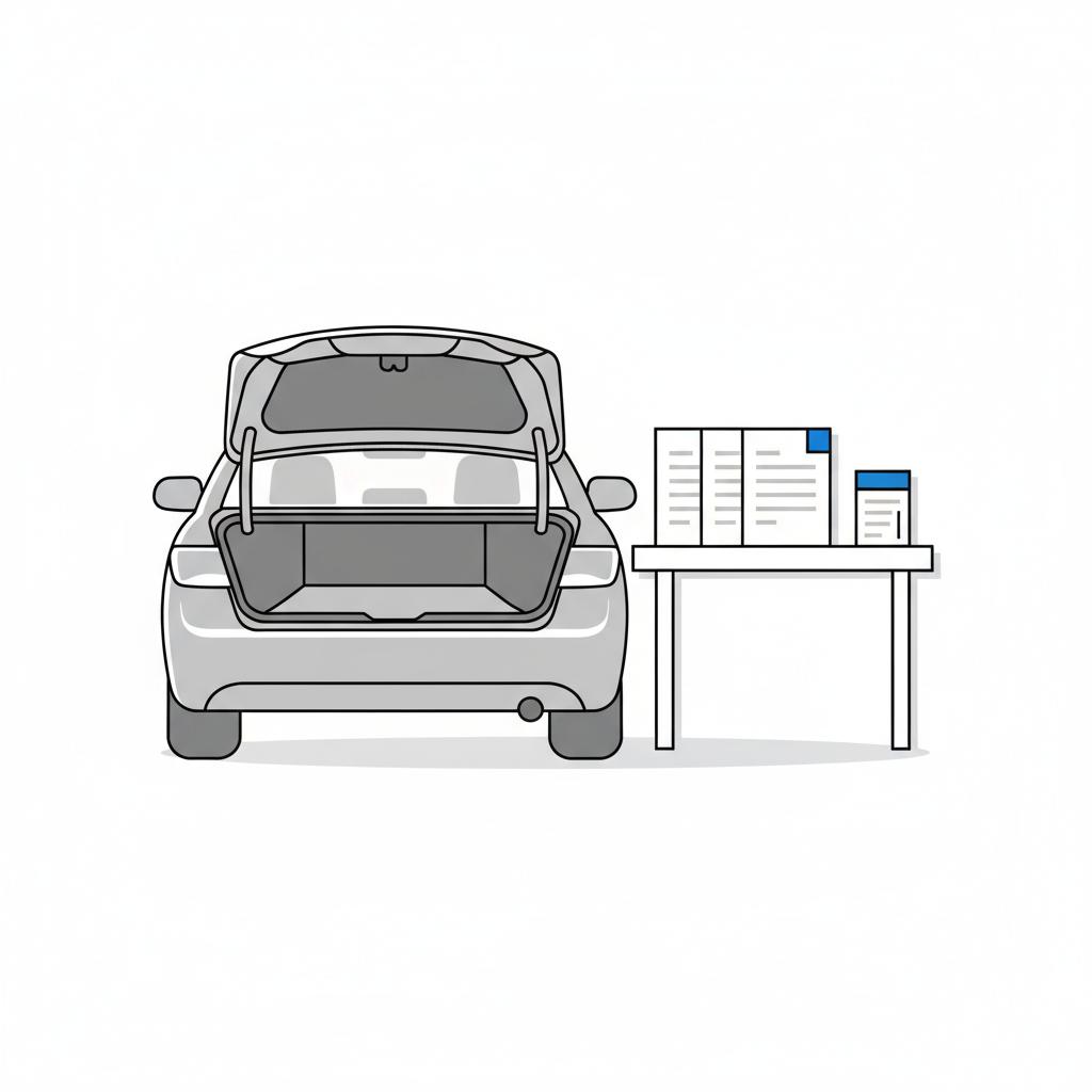 Minimalist 2D vector of a tidy family sedan trunk next to a table with neatly arranged maintenance records and receipts representing trade car for car paperwork