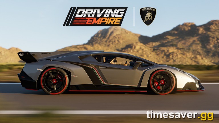 Driving Empire official artwork, a silver Lamborghini hypercar on a desert road with the Lamborghini licence badge