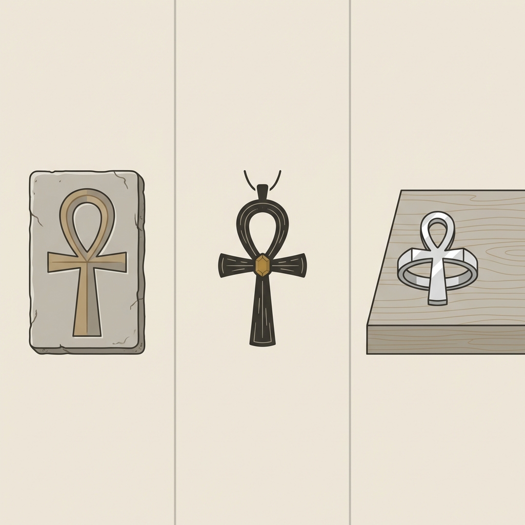 Minimalist 2D vector triptych showing an Egyptian ankh relief a Coptic looped cross pendant and a sterling silver ankh ring on a stylized wooden table
