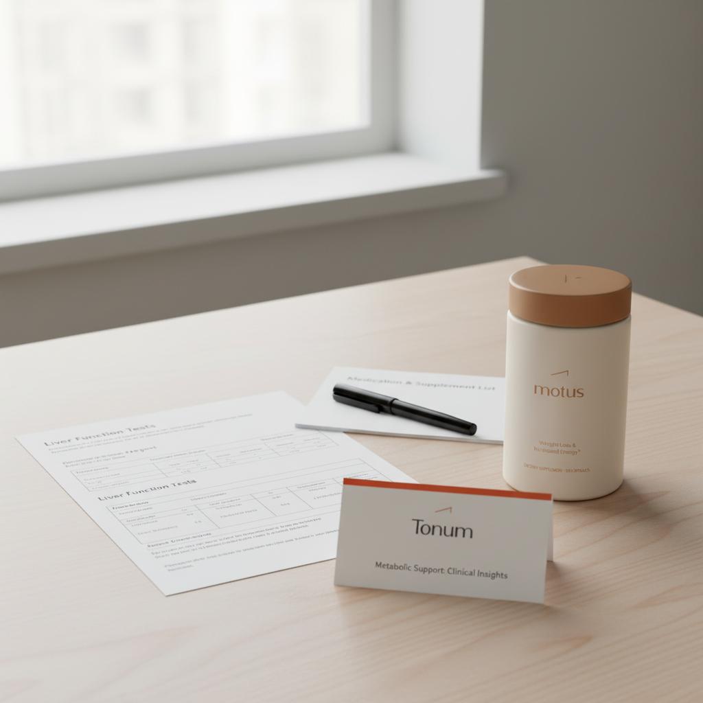 Tidy table with a printed lab report titled 'Liver Function Tests', a Tonum supplement container and informational card suggesting care for elevated liver enzymes in a minimalist, clinical composition