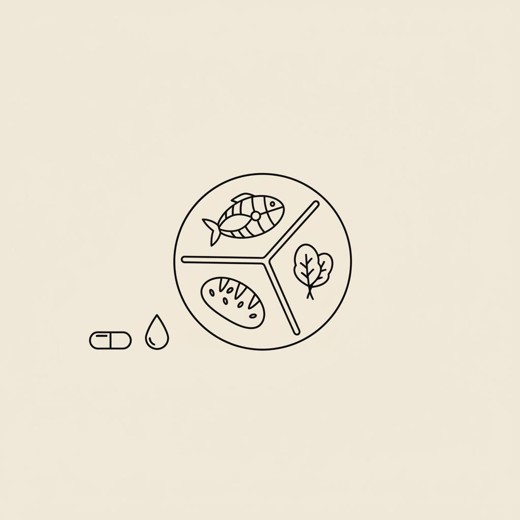 Minimal Tonum-style line illustration of a divided plate showing protein, fiber and vegetables with a capsule icon and water drop — foods that keep you full