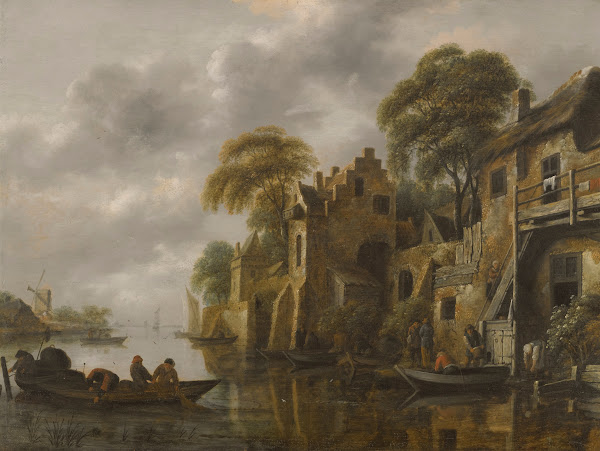 A River Landscape With Fishermen Loading Their Nets Beside A Town