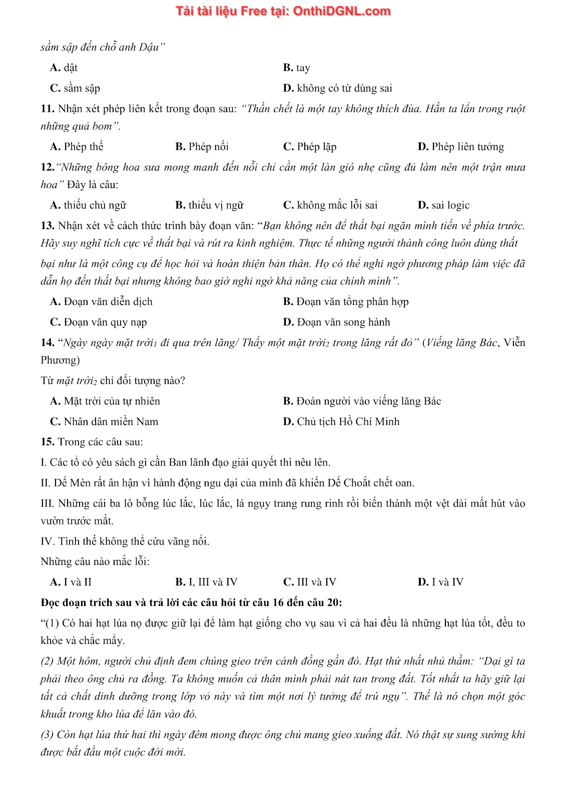 500 bài tập môn Ngữ Văn - Ôn thi ĐGNL ĐHQG TP HCM Phần 14