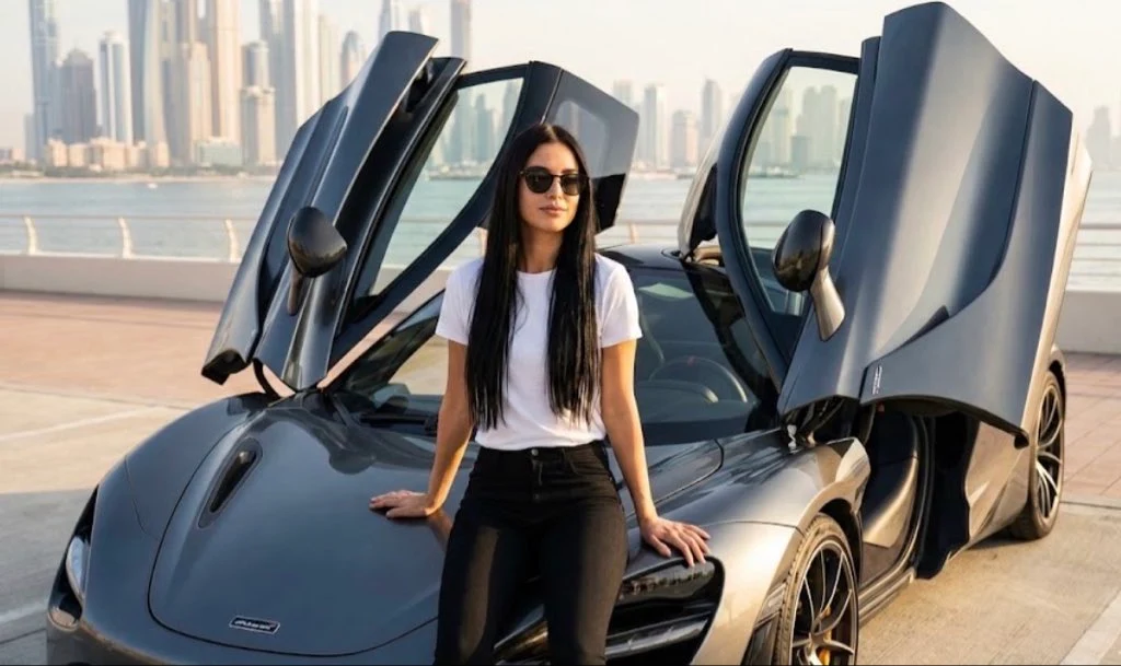Mujer en el capó del McLaren 720S ultrarrealista