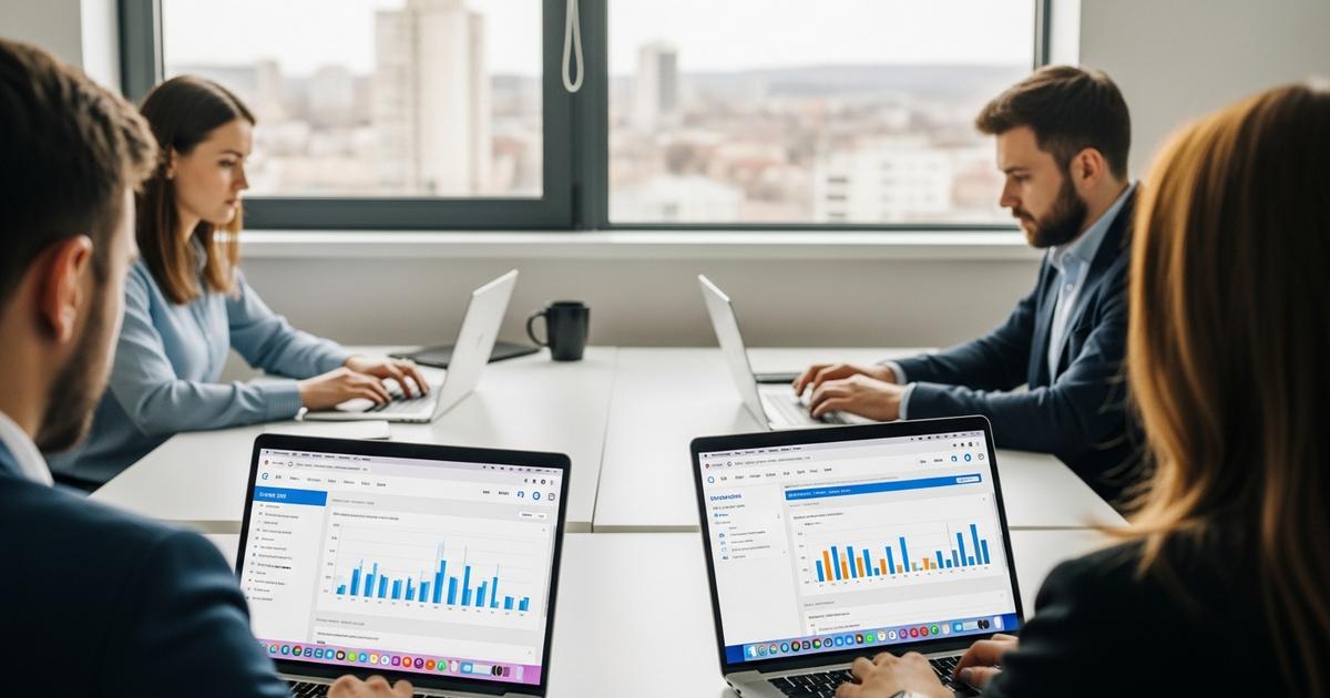 Automatizare procese de afaceri Moldova - echipă la birou cu dashboard CRM și ERP