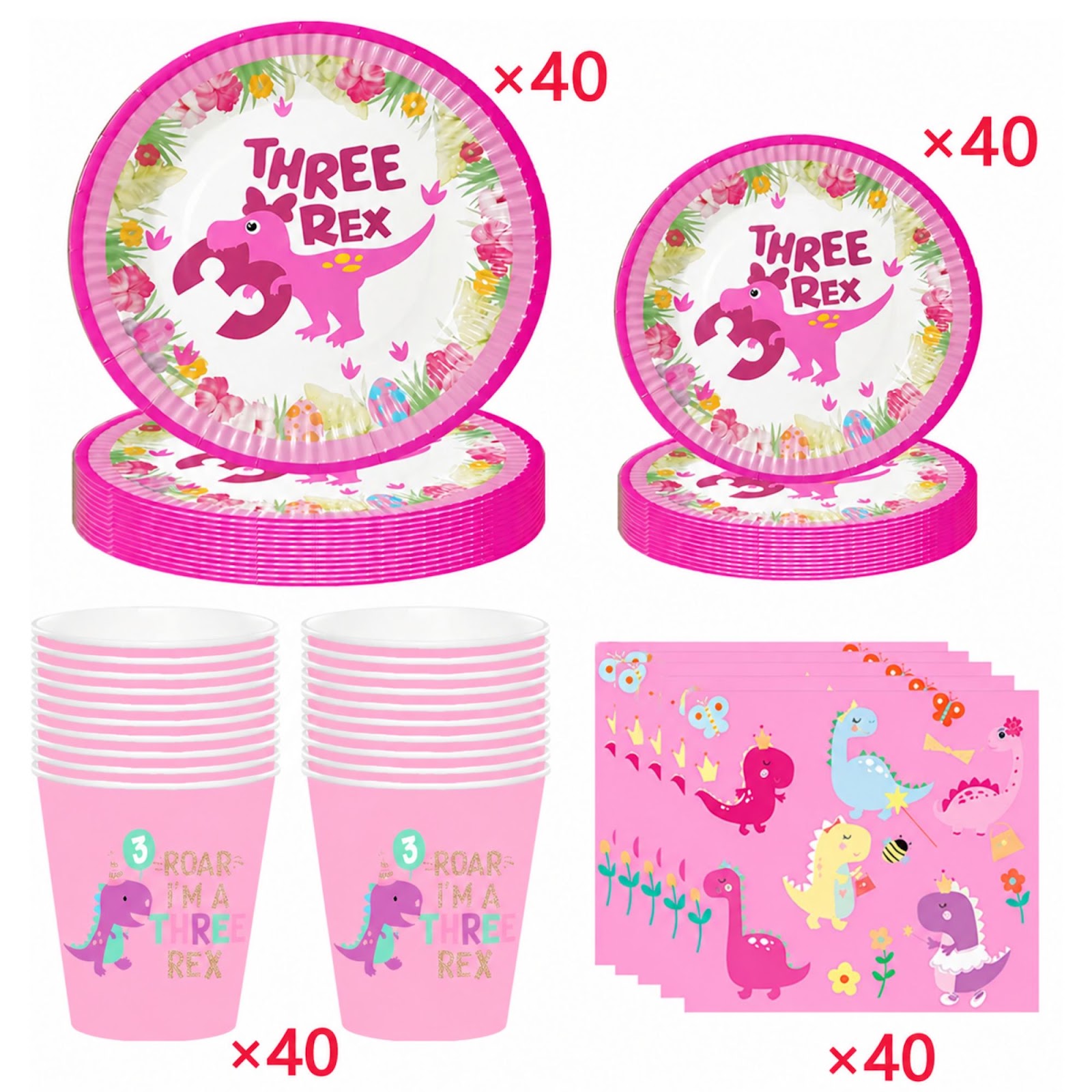 2 Pack Pink Dinosaur Birthday Party Supplies for Girls, 160Pcs 3rd Birthday Decorations with 80 Plates, 40 Cups & 40 Napkins, Dino Party Tableware Serves 40 view 2
