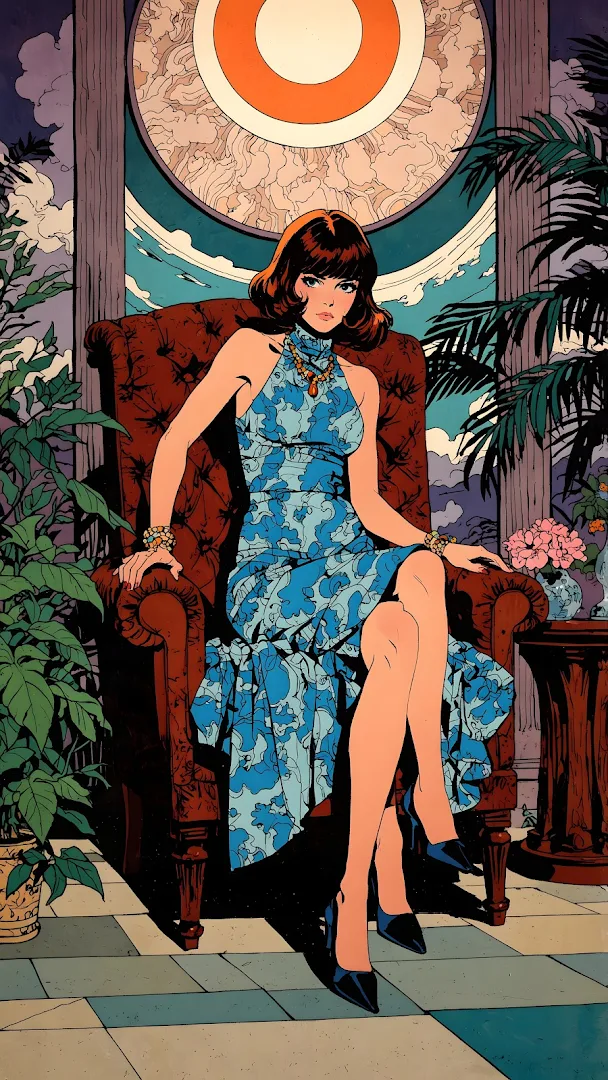 Stylish Retro Pop Art Woman in Blue Dress Armchair Portrait