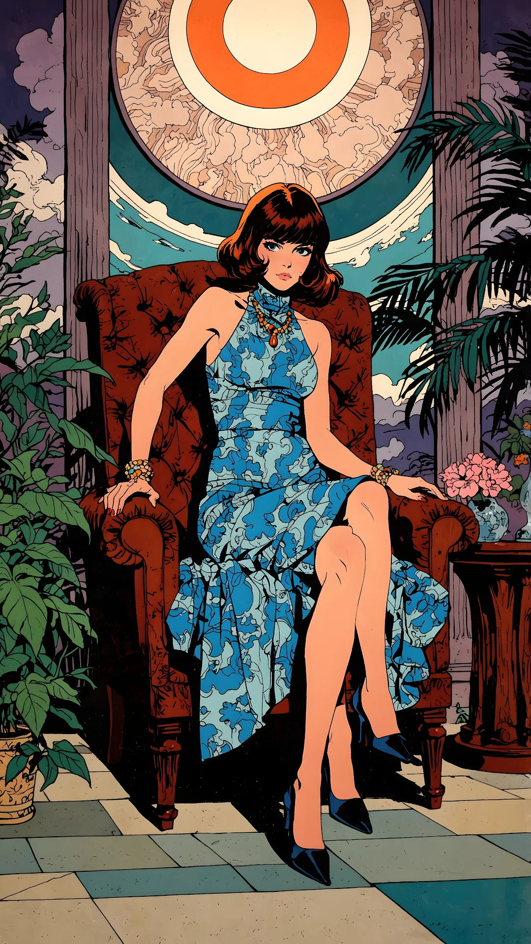 Stylish Retro Pop Art Woman in Blue Dress Armchair Portrait - Free 4K mobile Wallpaper