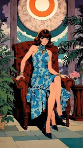 Stylish Retro Pop Art Woman in Blue Dress Armchair Portrait