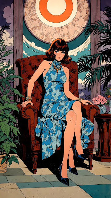 Stylish Retro Pop Art Woman in Blue Dress Armchair Portrait - Free mobile Wallpaper