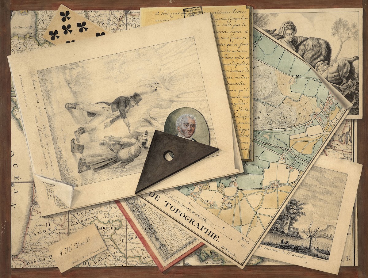 Trompe lœil of a set square etchings and maps