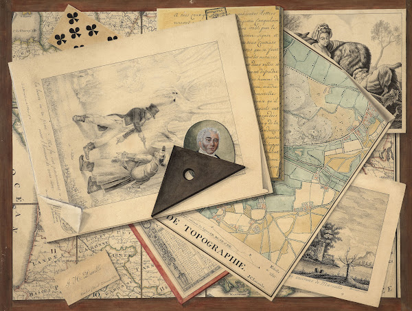 Trompe lœil of a set square etchings and maps