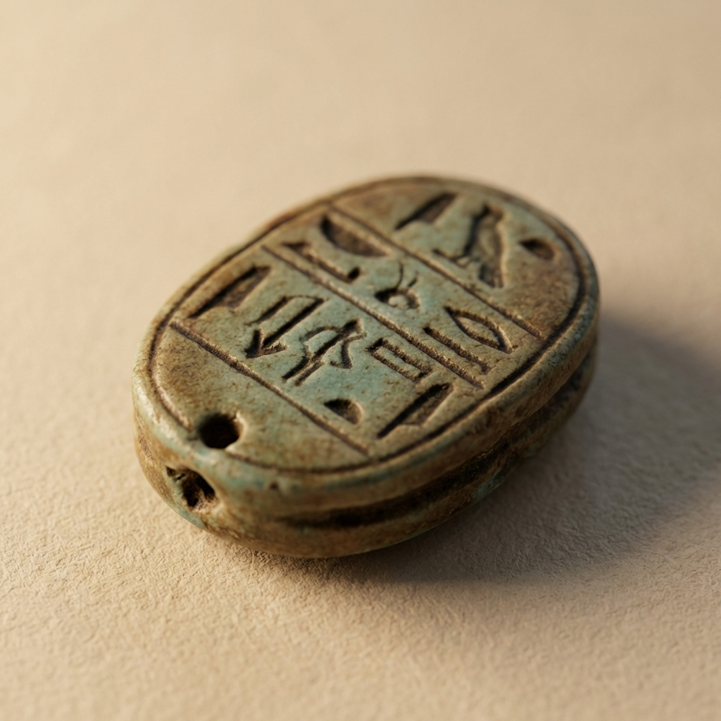 Macro image of an oval scarab base with shallow hieroglyphs and visible drill hole highlighting carved lines egyptian scarab beetle ring on neutral ede7da background