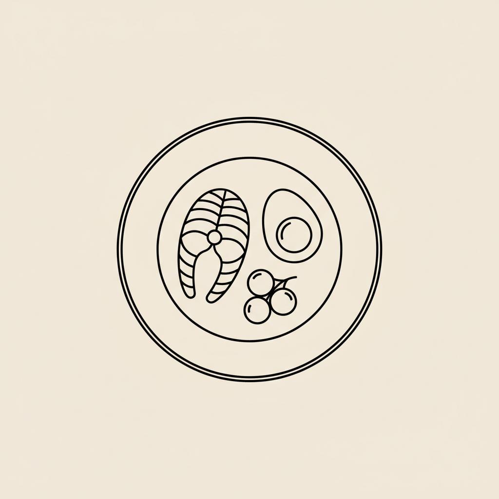 Minimalist line illustration of a plate with a fish fillet, egg, and berries on a beige background — best natural thing to lose weight