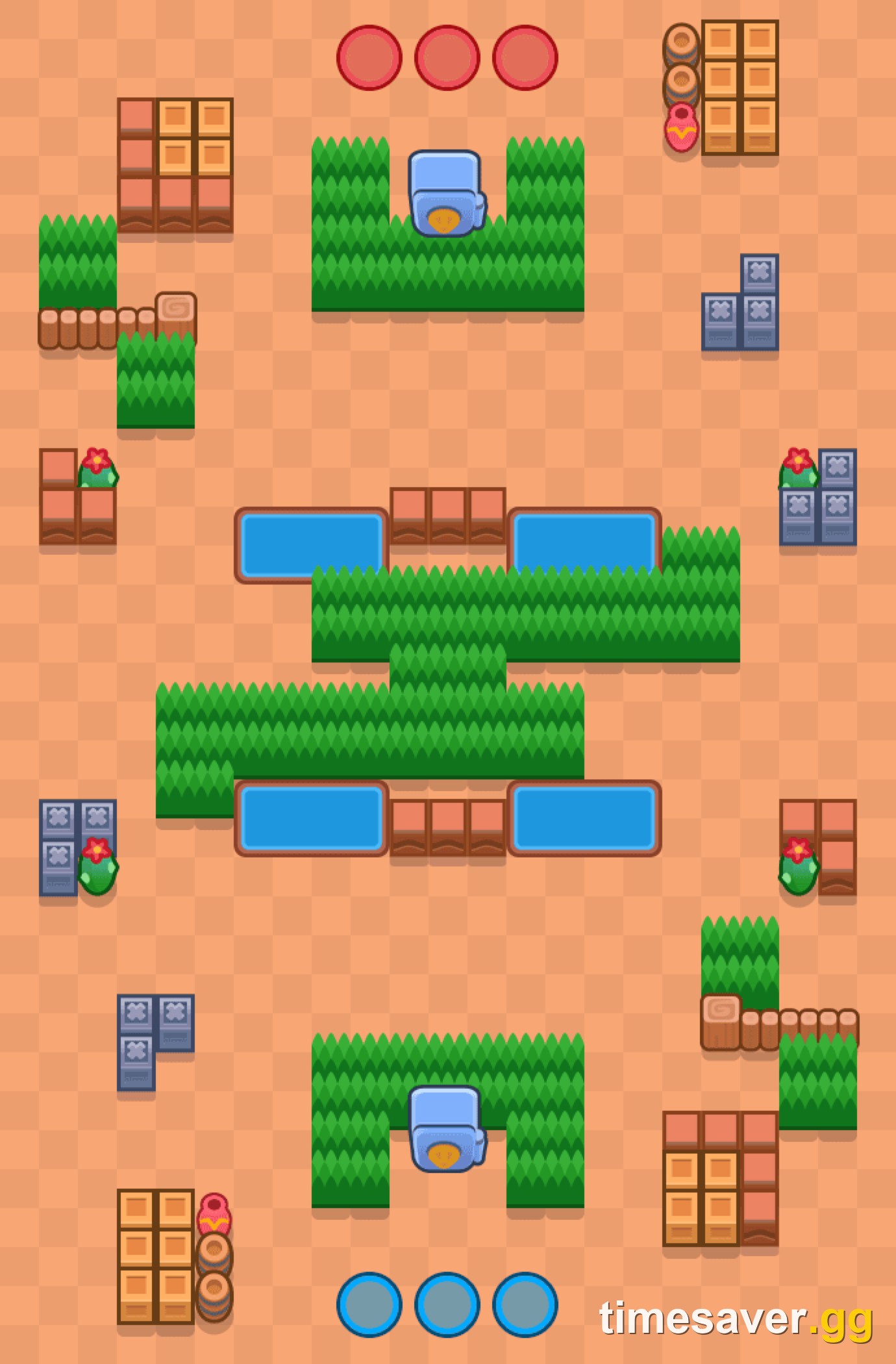 Top-down Kaboom Canyon Heist map with two safes at opposite desert ends