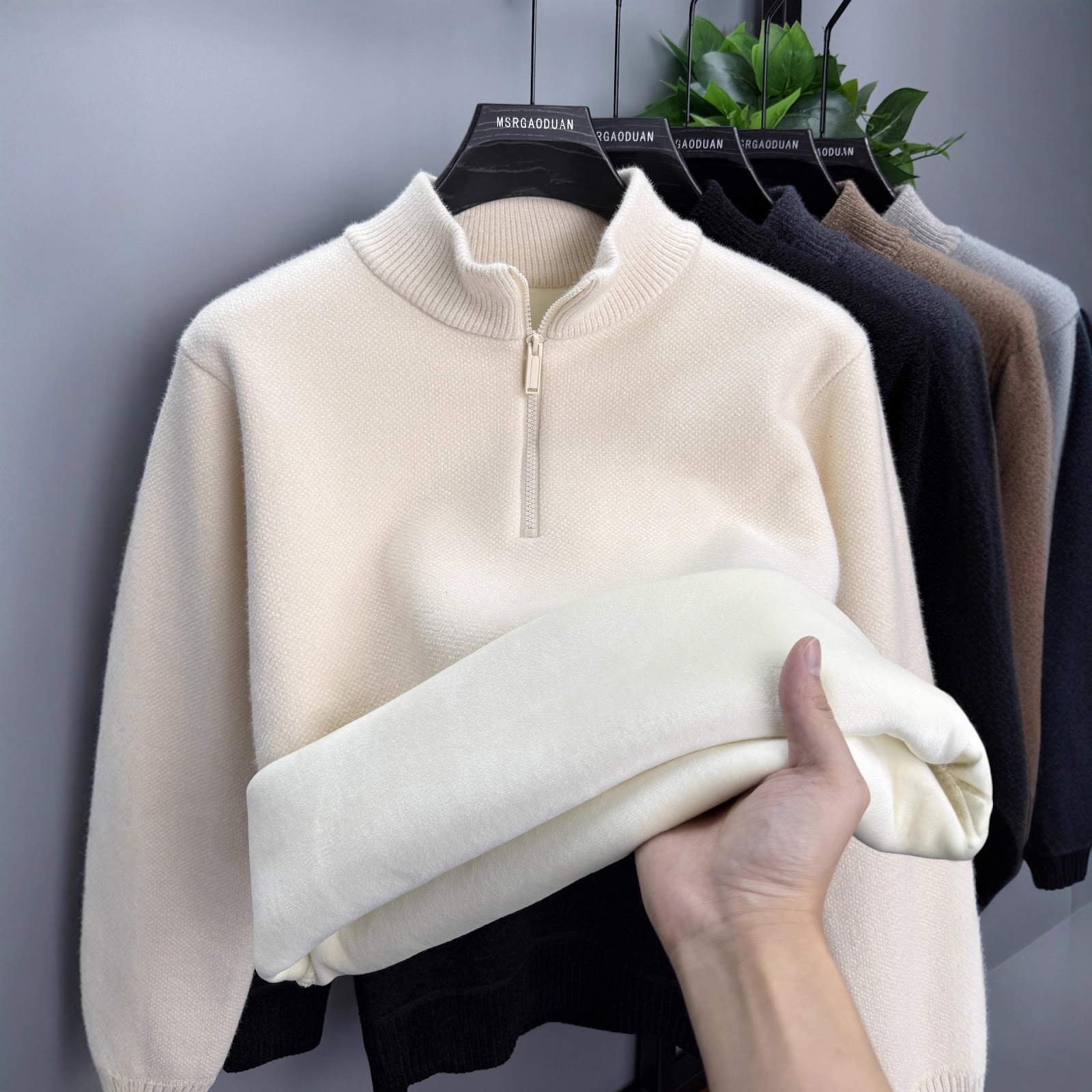 Men's zip-up sweater, lined, stand-up collar