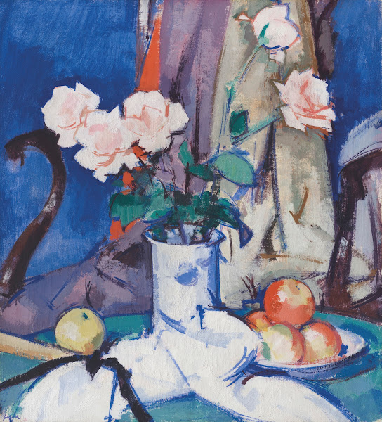 Still Life Apples and Pink Roses