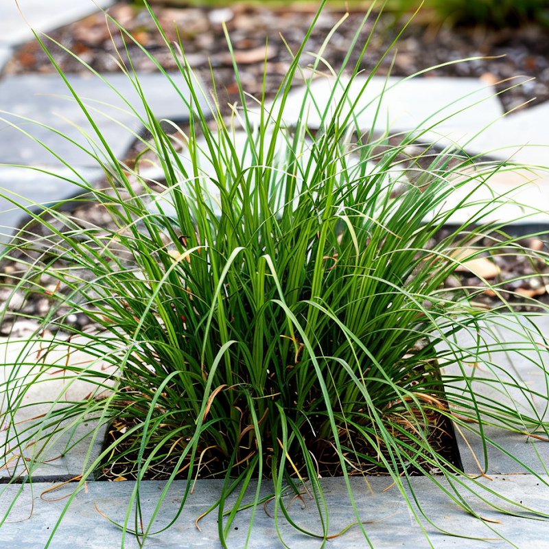 Miscanthus sinensis 'Cute One' con spighe argentate in un giardino moderno e ben curato