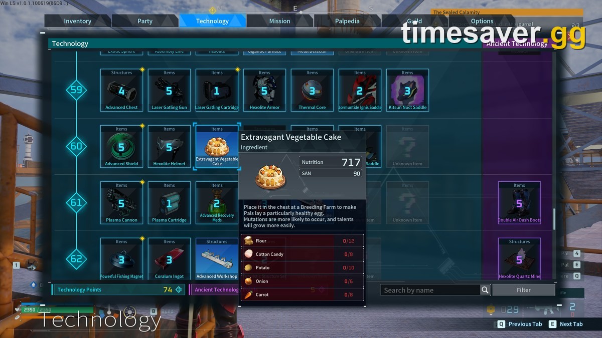 Palworld Technology screen showing the Extravagant Vegetable Cake recipe, description and ingredients