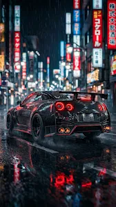 Black Modern Coupe in a Rainy Alley with Red Neon Backlighting at Night