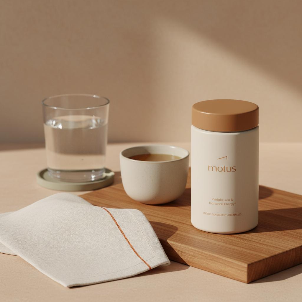 Tonum Motus supplement bottle on a wooden kitchen slab with a cup of bone broth, folded napkin and glass of water — clean product shot for rapid weight loss methods.