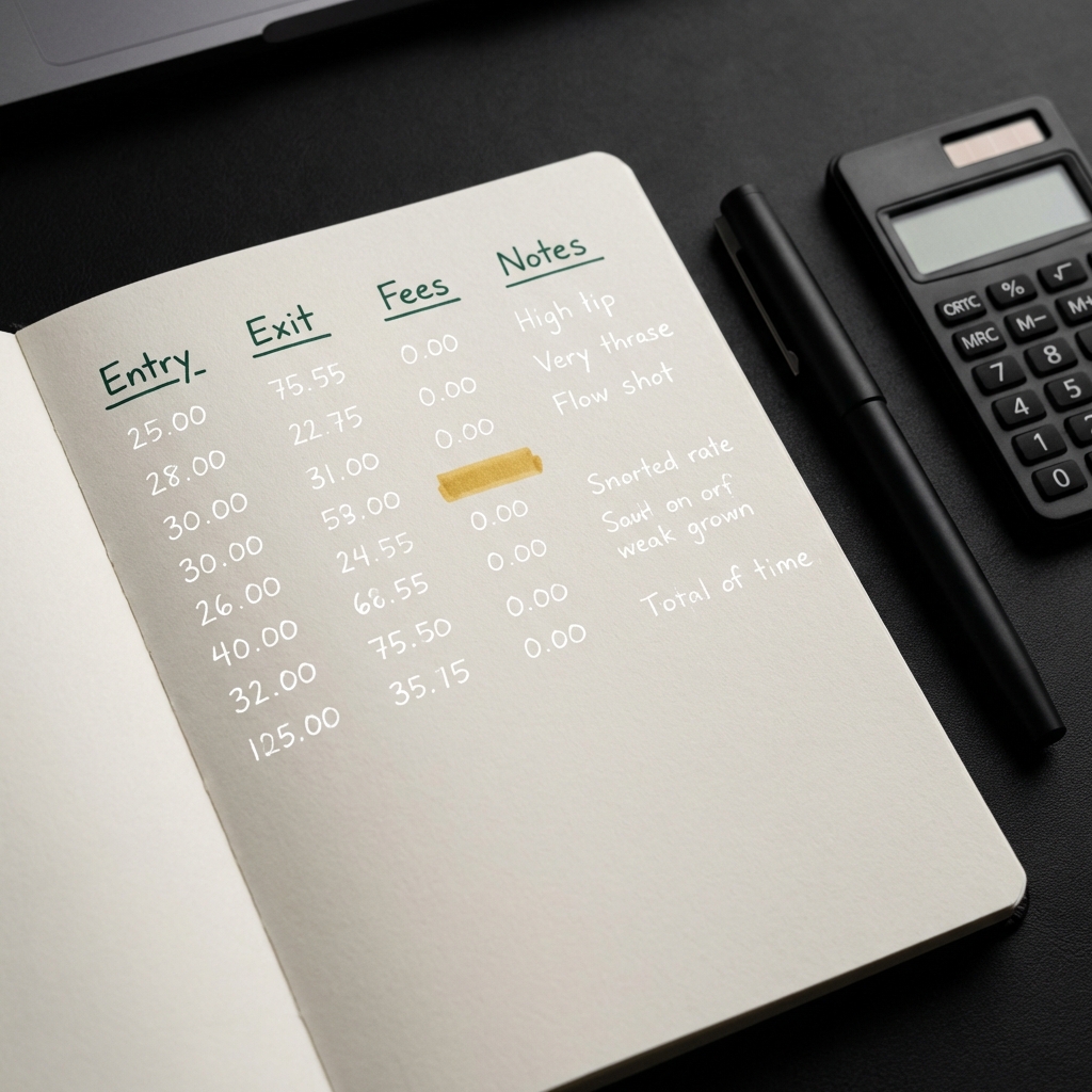Close up trade journal page with neat handwritten columns entry exit fees notes next to pen and calculator showing make $100 a day trading cryptocurrency