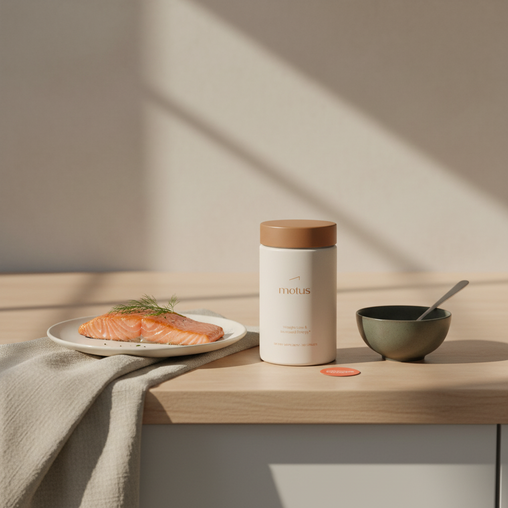 Minimalist lifestyle photo of Tonum supplement jar beside a plate of salmon on a wooden kitchen counter, suggesting a food-first approach — super vitamin for the brain