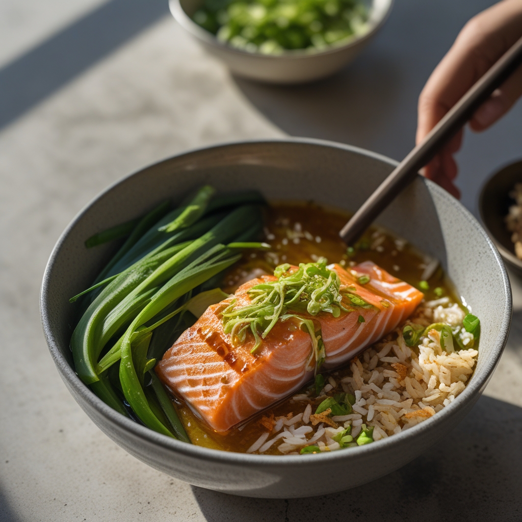 Final Sizzling Ginger-Scallion Salmon Protein Power Bowl with Crispy Rice Crust & Quick Cucumber Salad