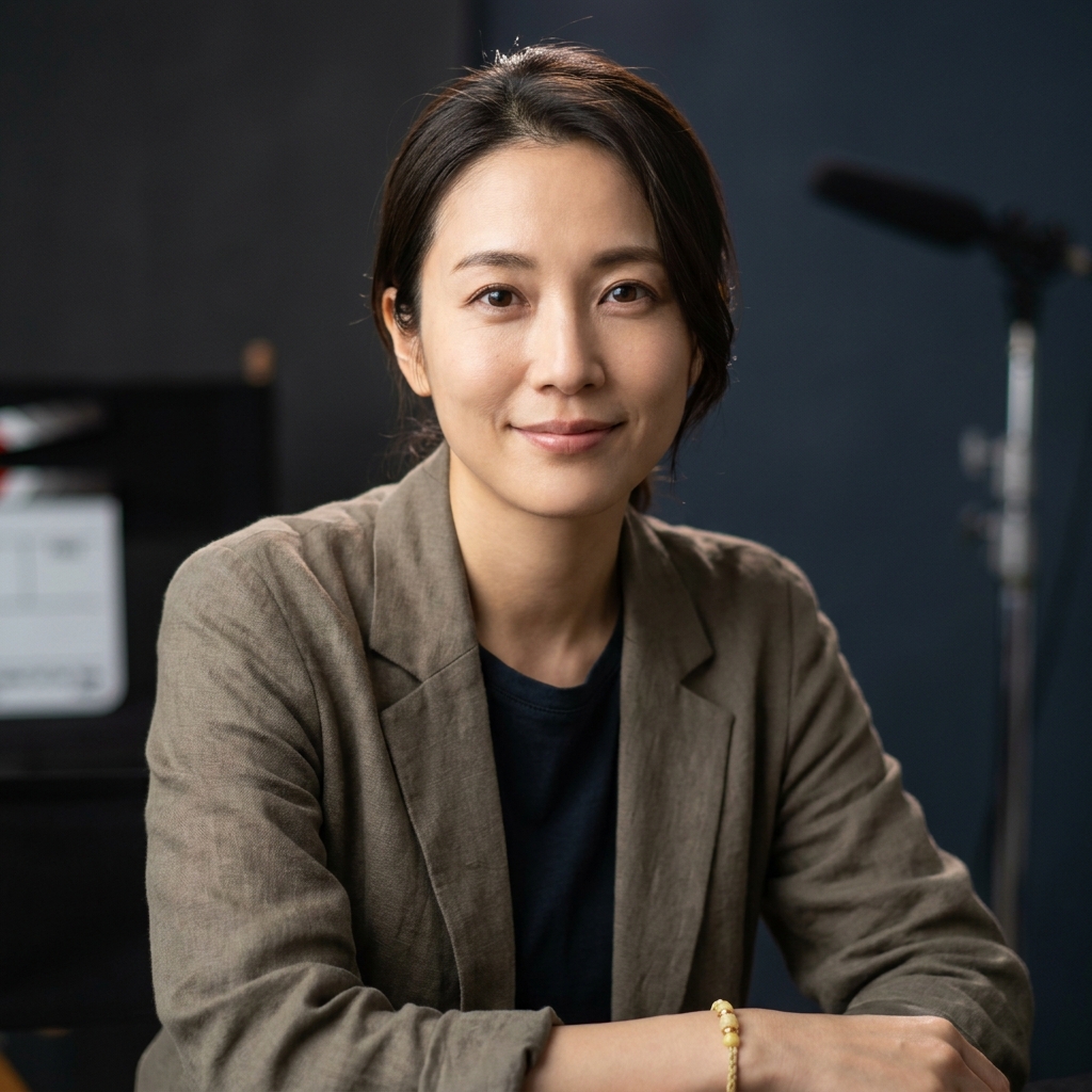 Full frame portrait of a Japanese actress on a minimalist film set conveying lead role confidence with soft cinematic lighting and brand colors bet star