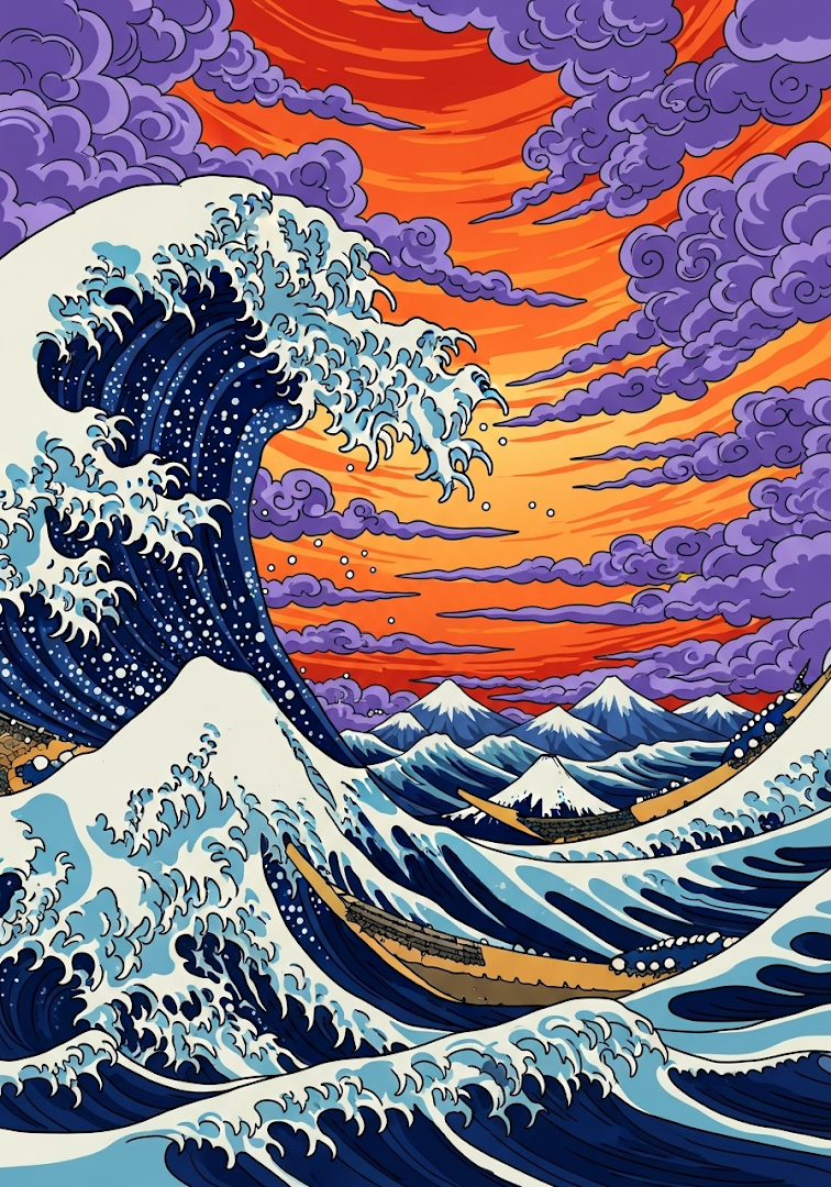 Great Wave Fuji Sunset Painting Vibrant Sky Ukiyo-e