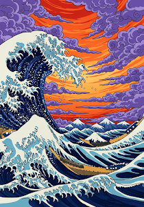 Great Wave Fuji Sunset Painting Vibrant Sky Ukiyo-e
