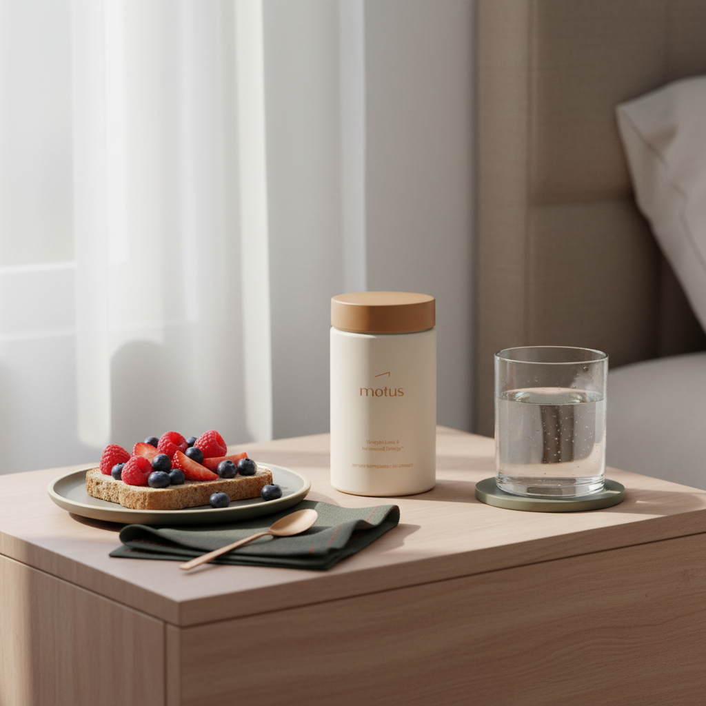 Minimalist bedside table with Tonum Motus supplement bottle beside a glass of water and whole-grain toast with berries, illustrating probiotics for weight loss routine.