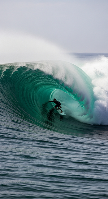 Dynamic Mid-Action Photo of Surfer Riding a Large, Barrel-Shaped Ocean Wave - Free mobile Wallpaper